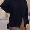 Plus Size Black Long Turtleneck Knit Sweater, Loose Longline Pullover