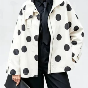 Plus Size Casual Dot Pattern Jacket, Oversized Zip Front Outerwear
