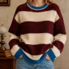Plus Size Wide Stripe Knit Sweater, Burgundy Apricot with Blue Trim