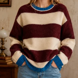Plus Size Wide Stripe Knit Sweater, Burgundy Apricot with Blue Trim