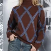 Plus Size Argyle Turtleneck Sweater, Vintage Geometric Knit Pullover