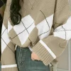 Plus Size Vintage Diamond Pattern Knit Sweater, Loose Crew Neck Pullover