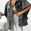 Plus Size Longline Denim Jacket, Short Sleeve Turn-Down Collar