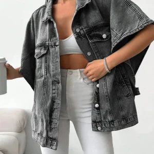 Plus Size Longline Denim Jacket, Short Sleeve Turn-Down Collar