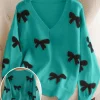 Plus Size Bow Pattern Knit Sweater, Mint Purple V-Neck Loose Pullover