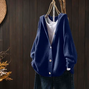 Plus Size Hooded Knit Cardigan, Royal Blue Button-Down Sweater