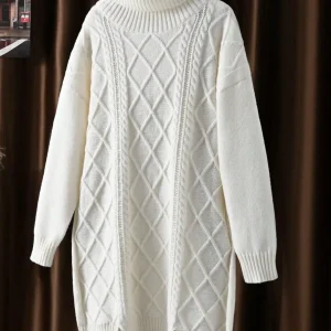 Plus Size Turtleneck Knit Midi Dress, Oversized Diamond Pattern Sweater