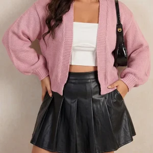 Plus Size Cropped Cardigan with V-Neck, Long Sleeves and Open Front