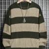 Plus Size Striped Ribbed Knit Sweater, Loose Crew Neck Pullover