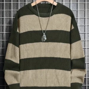 Plus Size Striped Ribbed Knit Sweater, Loose Crew Neck Pullover