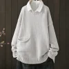 Plus Size Casual Ribbed Knit Sweater, Loose Crew Neck Side Pocket Pullover