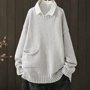 Plus Size Casual Ribbed Knit Sweater, Loose Crew Neck Side Pocket Pullover