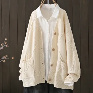 Plus Size Textured Knit Cardigan with V-Neck, Button Front and Pockets