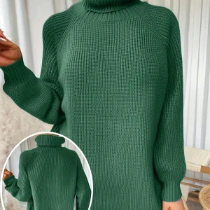 Plus Size Casual Long Turtleneck Knit Sweater, Solid Pullover