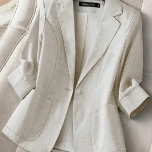Plus Size Slim Fit Blazer, Beige Blue Single Button Tailored Jacket
