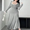 Plus Size U-Neck A-Line Knit Dress, Long Sleeve Floor-Length Dress