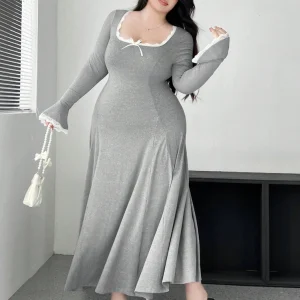 Plus Size U-Neck A-Line Knit Dress, Long Sleeve Floor-Length Dress
