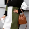 Plus Size Color Block Knit Dress, Loose Fit Knee-Length Sweater Dress