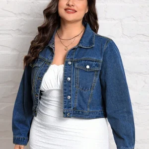 Plus Size Casual Short Denim Jacket, Turn-Down Collar Single-Breasted