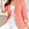 Plus Size Pink Blazer, Single Button 3/4 Sleeve Office Jacket