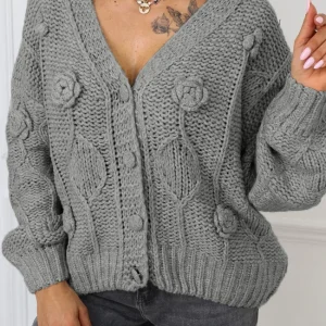 Plus Size 3D Flower Cardigan with V-Neck and Button Front