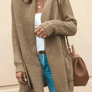 Plus Size Ribbed Cardigan with Open Front, Long Sleeves and Pockets