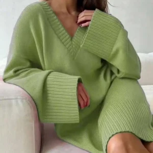 Plus Size V-Neck Ribbed Knit Dress, Loose Fit Knee-Length Sweater Dress