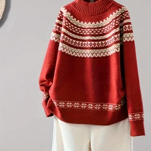 Plus Size French Red Geometric Knit Sweater, Crew Neck Long Sleeve Pullover