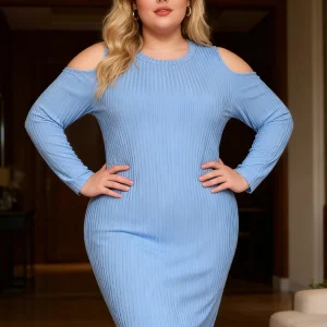 Plus Size Off Shoulder Knit Dress, Sky Blue Bodycon Mini Dress
