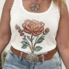 Plus Size Floral Print Knit Tank Top with Scalloped Trim
