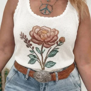 Plus Size Floral Print Knit Tank Top with Scalloped Trim