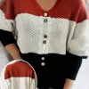 Plus Size Casual Color Block Striped Knit Sweater, V-Neck Button Detail