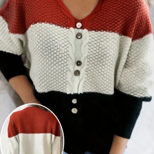 Plus Size Casual Color Block Striped Knit Sweater, V-Neck Button Detail