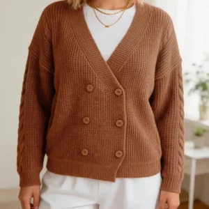 Plus Size Double-Breasted Cardigan with V-Neck and Cable Knit Texture