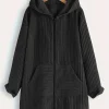 Plus Size Hooded Knit Coat, Mid-Length Ribbed Full-Zip Outerwear