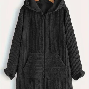 Plus Size Hooded Knit Coat, Mid-Length Ribbed Full-Zip Outerwear