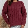 Plus Size Casual Cable Knit Sweater, Wine Red Crew Neck Loose Pullover