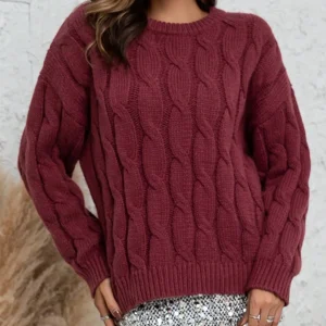 Plus Size Casual Cable Knit Sweater, Wine Red Crew Neck Loose Pullover