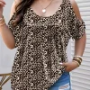 Plus Size Leopard Print Cold Shoulder Top with Scoop Neck and Short Sleeves