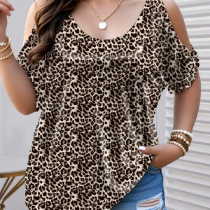 Plus Size Leopard Print Cold Shoulder Top with Scoop Neck and Short Sleeves