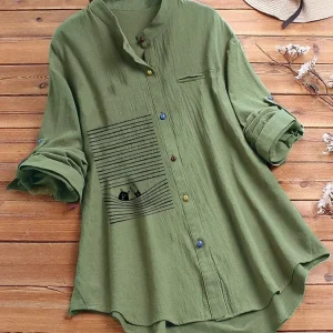 Plus Size Solid Tunic with Stand Collar, Colorful Buttons and Loose Fit