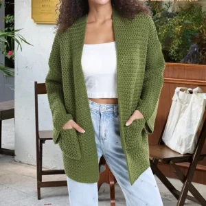 Plus Size Long Cardigan with V-Neck, Open Front and Two Pockets