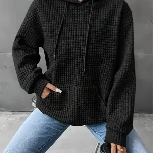 Plus Size Waffle Knit Hoodie with Kangaroo Pocket and Loose Cropped Fit