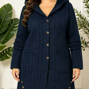 Plus Size Textured Long Knit Cardigan, Loose Button Front
