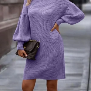Plus Size Elegant Turtleneck Knit Sweater Dress, Solid Long Sleeve