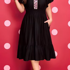 Plus Size Casual Midi Dress – Leopard Patchwork V-Neck Puff Sleeve A-Line Dress