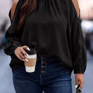 Plus Size Black Stand Collar Blouse with Long Sleeves and Loose Fit