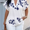 Plus Size Botanical Print V-Neck Top with Short Sleeves