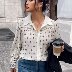 Plus Size Printed Button Down Shirt with Turn-Down Collar and Long Sleeves
