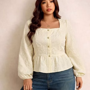 Plus Size Floral Peplum Top with Square Neck and Puff Sleeves